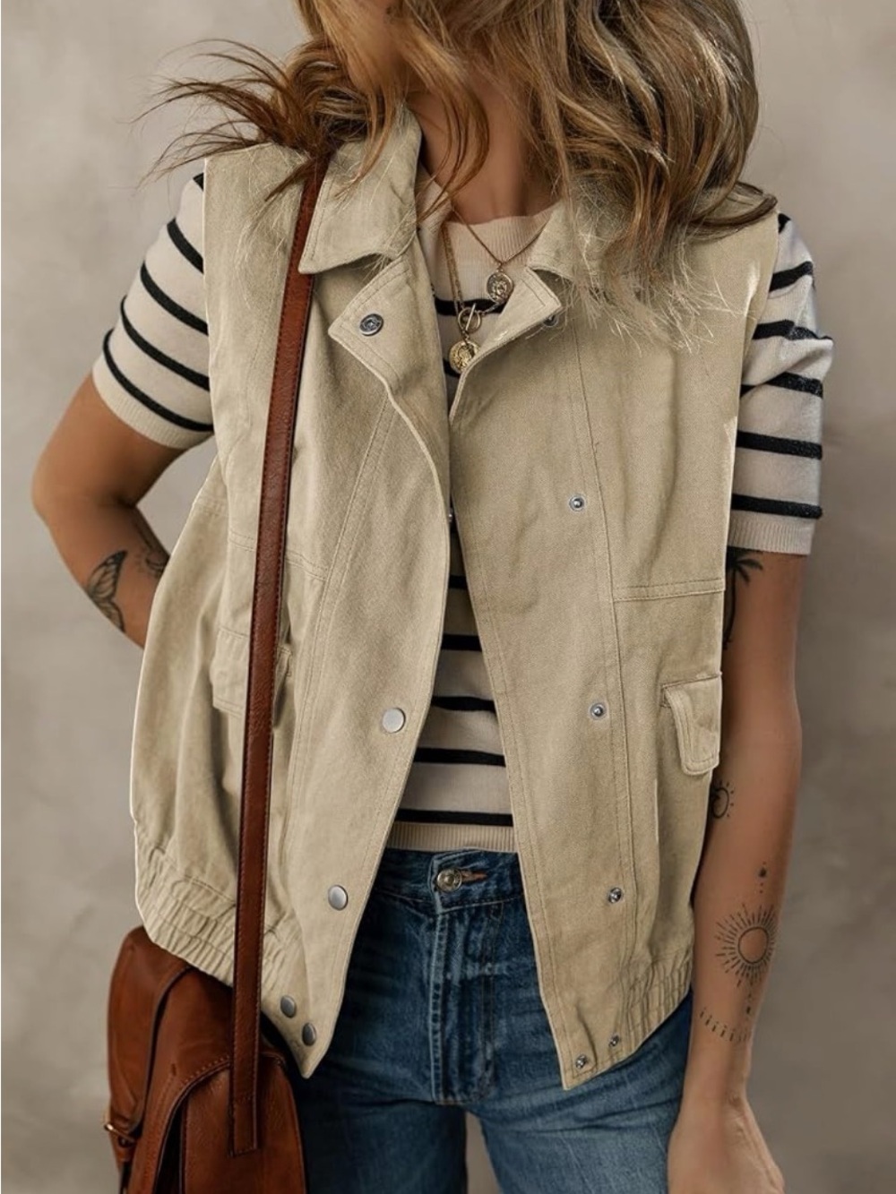 Women's Sleeveless Utility Vest in Beige - Lightweight Layering Vest